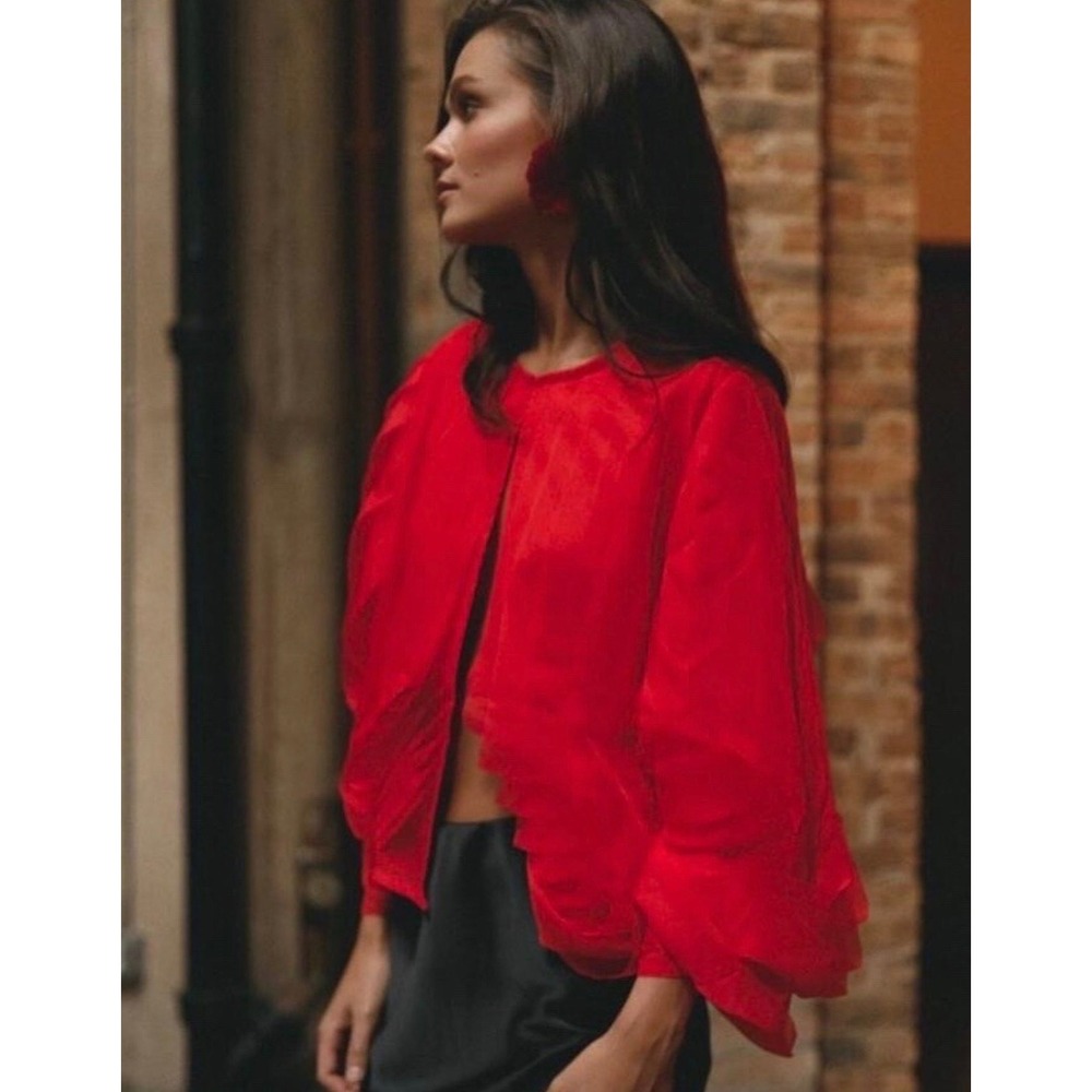 Zara Red Pleated‎ Organza Jacket Open Front Voluminous Sleeve XL - Picture 3 of 6
